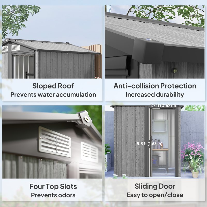 Outsunny 5ft x 4ft Garden Shed, Metal Tool Storage Shed with Sliding Door, Sloped Roof and Foundation Kit for Garden, Patio, Grey Wood Effect