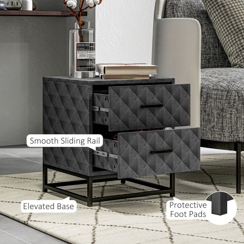 HOMCOM Bedside Tables Set of 2, Modern Bedside Table Nightstand with 2 Drawers, Bedside Cabinet Sofa Side Table with Storage, Steel Legs for Bedroom, Living Room, Grey