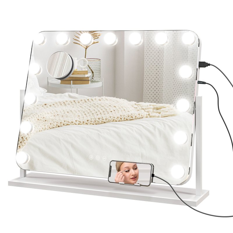 HOMCOM Hollywood Vanity Mirror with Lights, Large 63x50 cm Lighted Makeup Mirror with 3 Colour, 14 LED Bulbs, 10X Magnifying, USB Charging Port, Phone Holder, 360?? Rotation, Touch Screen