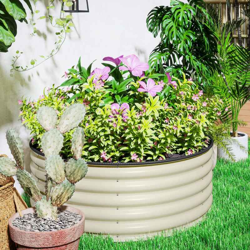 Outsunny Galvanised Raised Garden Bed with Safety Edging, Outdoor Raised Planter Box with Gloves and Open Bottom, Metal Raised Bed for Flowers, Vegetables and Herbs, 120 x 120 x 43cm, Cream White