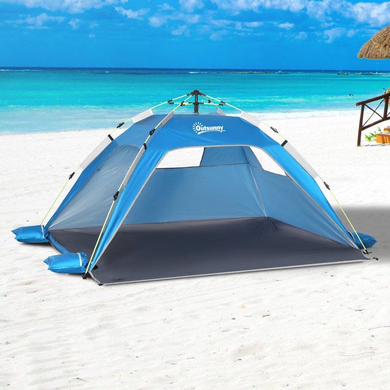 Outsunny 2 Man Pop-up Tent Beach Tent Sun Shelter w/ Windows Doors Hook Sandbags UV Protection Waterproof Outdoor Adventure Garden, Sky Blue