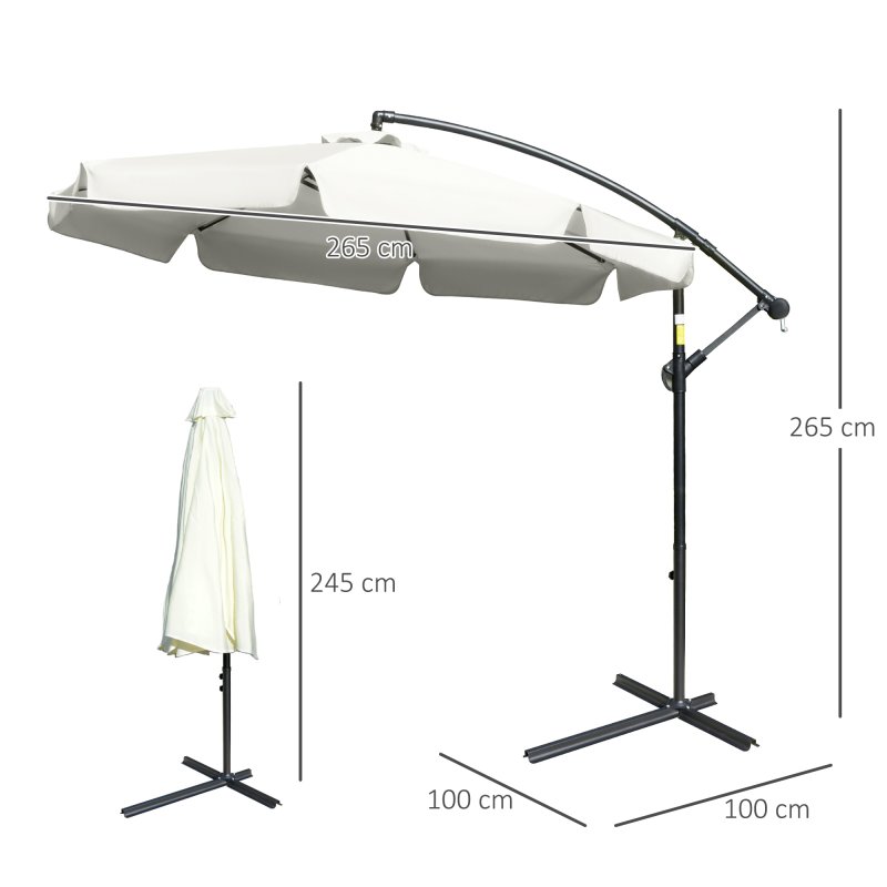 Outsunny 2.7m Garden Banana Parasol Cantilever Umbrella with Crank Handle and Cross Base for Outdoor, Hanging Sun Shade, Cream White