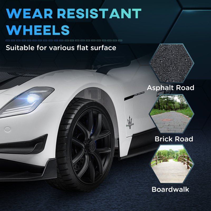 AIYAPLAY Maserati GT2 Licensed 12V Electric Car for Kids, Kids' Electric Ride on with Suspension System, Remote Control, USB, Music, Horn, Lights, Auxiliary Wheels, for Ages 3-5 Years, White