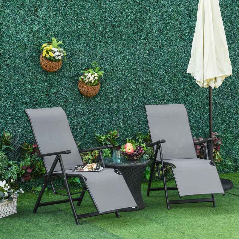 Outdoor Reclining Garden Chair Set of 2, 10-Position Adjustable Folding Sun Lounger Zero Gravity Chairs with Texteline Seat, Armrests and Footrest for Patio, Grey