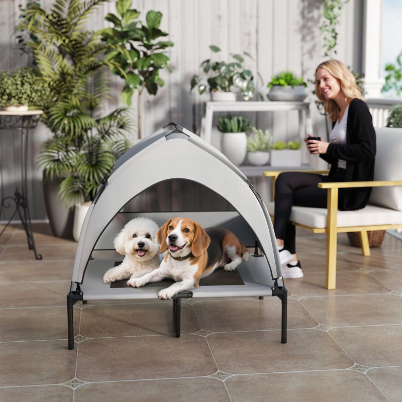 PawHut Elevated Dog Bed with Removable Canopy, Portable Cooling Raised Pet Cot with Breathable Mesh, Storage Bag, for Indoor Outdoor Use, for Medium Large Dogs, 92 x 75 x 89 cm, Light Grey