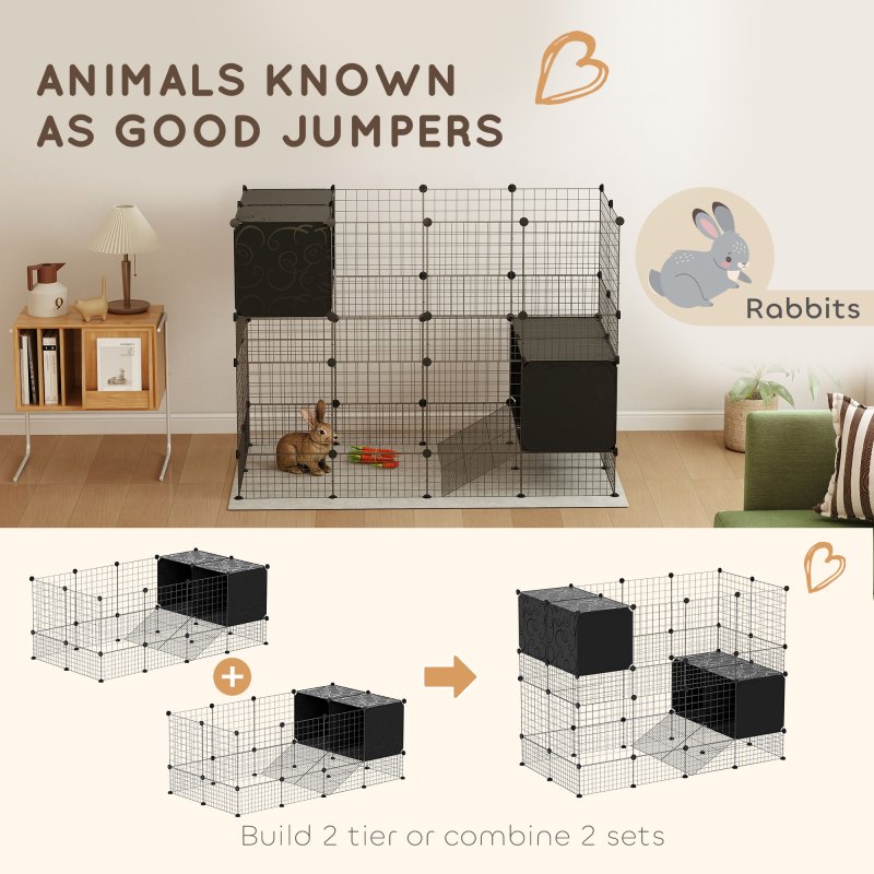 PawHut Rabbit Run, Pet Playpen, Small Animal Cage Enclosure, C&C Cage with Elevated Huts, 31 Panels, for Guinea Pigs, Hedgehogs, for Indoor Use