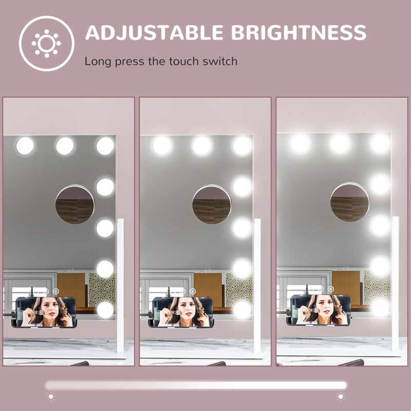 HOMCOM Hollywood Vanity Mirror with Lights, 37x46 cm Lighted Makeup Mirror with 3 Colour, 12 LED Bulbs, 10X Magnifying, USB Charging Port, Phone Holder, 360 Rotation, Touch Screen