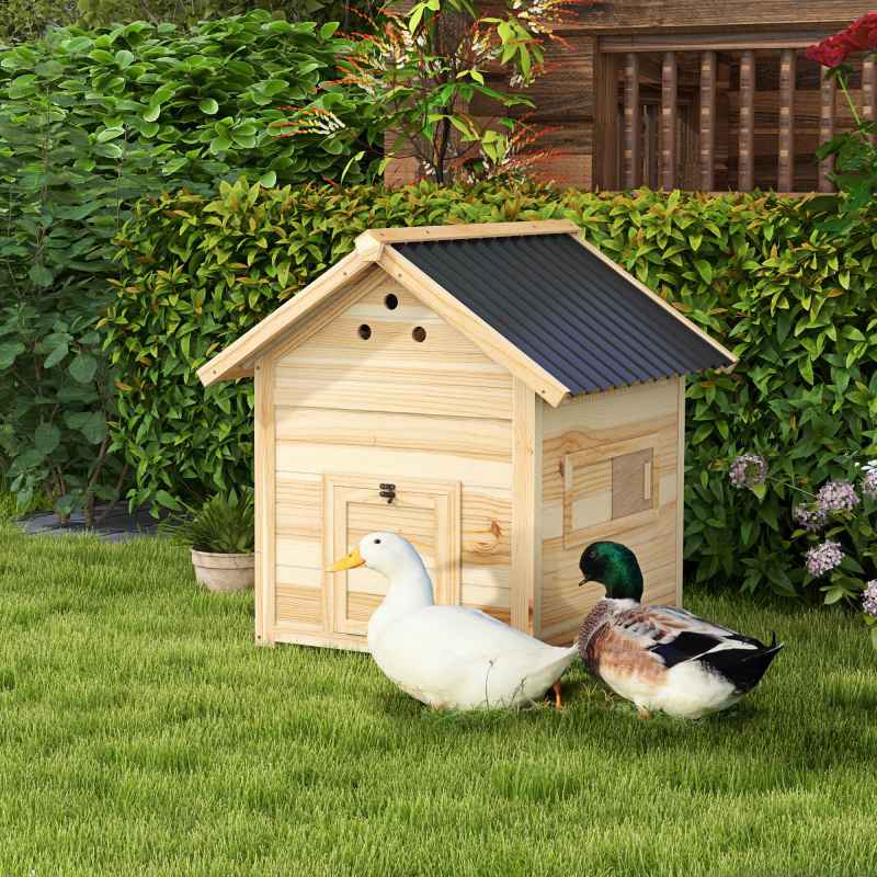 PawHut Wooden Duck House, Raised Poultry Coop with Double Doors, Openable Roof, Ventilation Holes, Removable Base, Natural Wood Finish