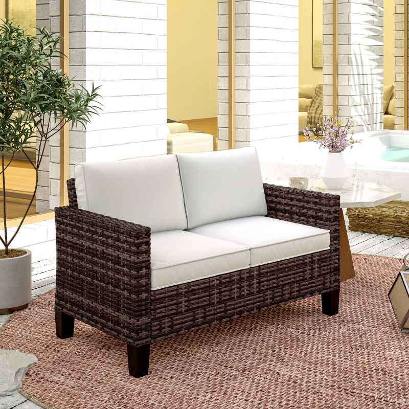Outsunny 2 Seater Rattan Sofa with Cushions, Wicker Garden Loveseat with Armrests, Outdoor Garden Sofa Couch with Steel Frame for Balcony, Porch, Brown