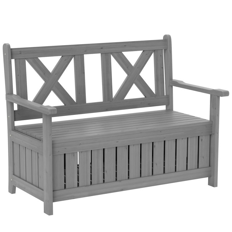 Outsunny Wood Garden Bench 2 Seater Storage Chest Patio Seating Chair with High Back and Armrest, Charcoal Grey