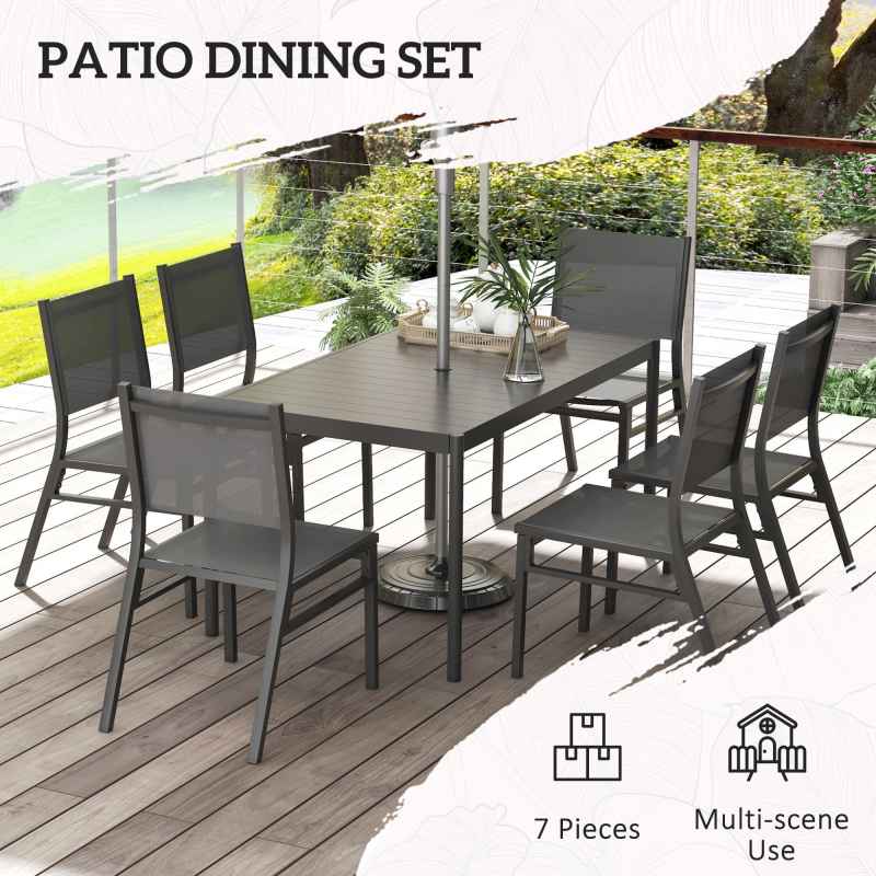 Outsunny 7 Piece Garden Dining Set, 6 Seater Garden Table and Chairs with Parasol Hole, Aluminium Top Table and Texteline Chairs, Outdoor Dining Furniture Set for Patio, Dark Grey