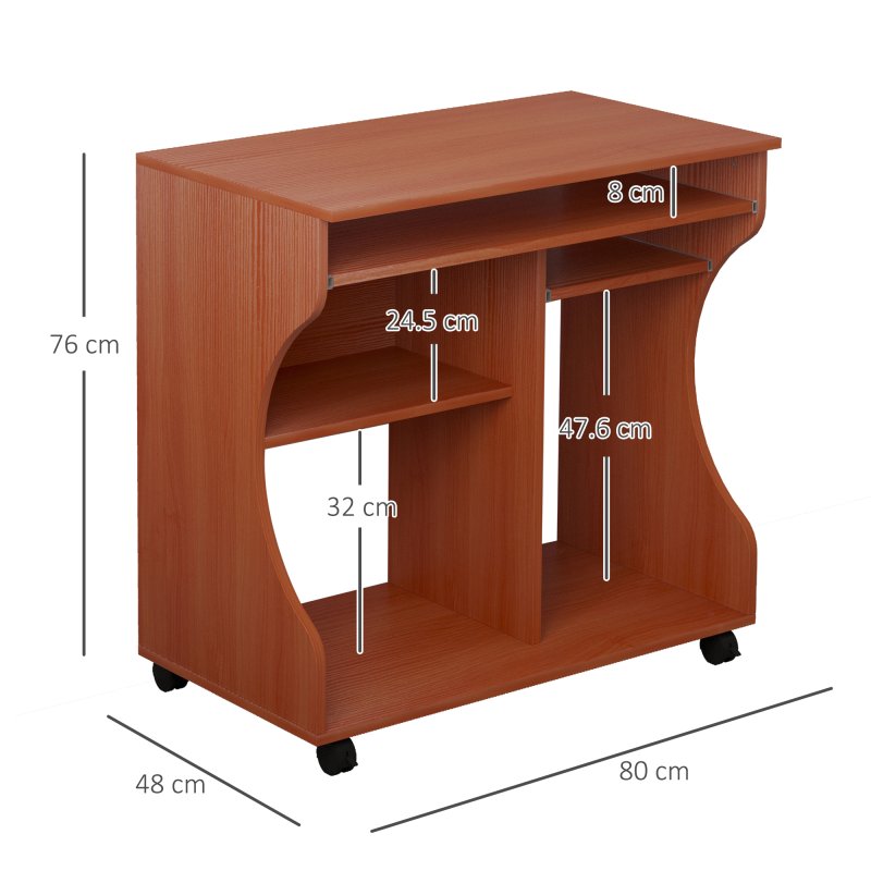 HOMCOM Computer Desk with Sliding Keyboard Tray, Mobile Home Office Desk, Study Table with Storage Shelves, PC Desk on Wheels, Cherry Wood Colour