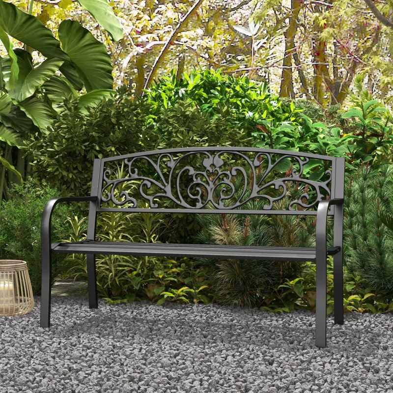 Outsunny Garden Bench, 2 Seater Metal Outdoor Bench Seat, Patio Loveseat with Armrests, Floral Backrest and Slatted Seat, 240 KG Capacity for Park, Porch, Black