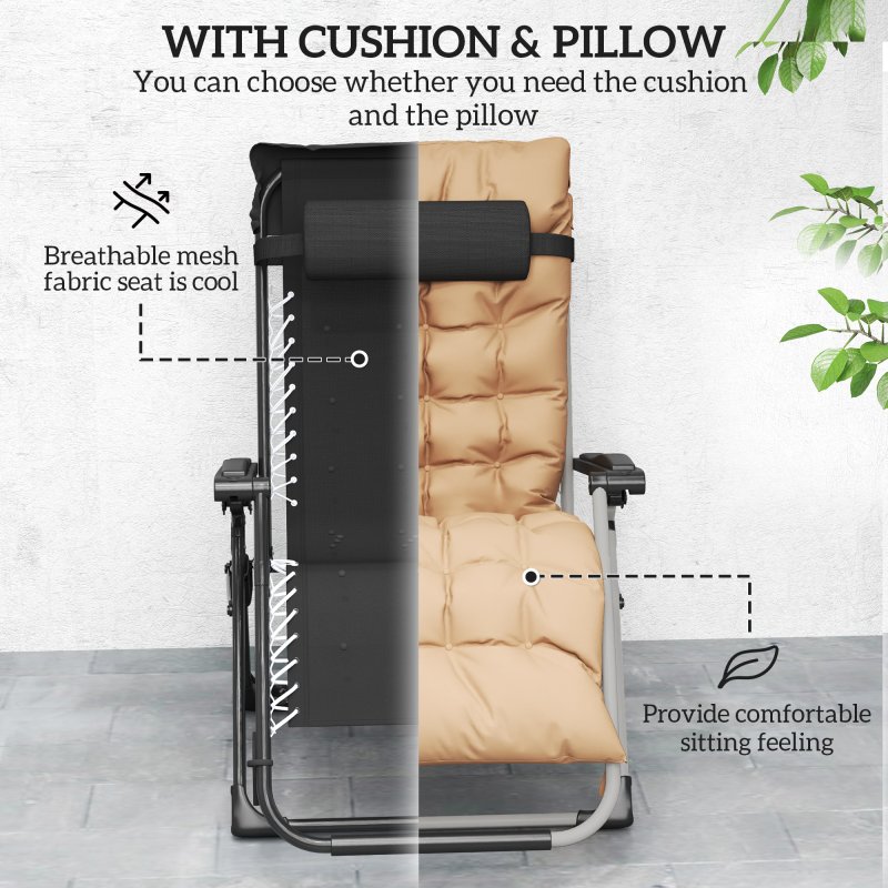 Outsunny 2 Piece Reclining Zero Gravity Chair Metal Frame Folding Garden Sun Lounger with Cushion Headrest, Khaki