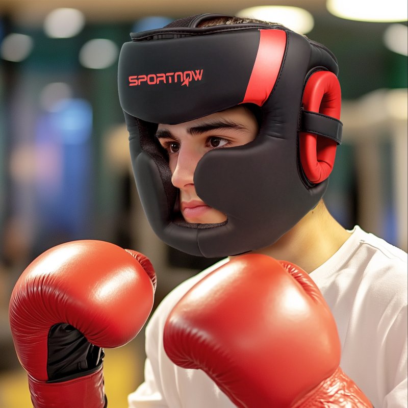 SPORTNOW Boxing Headguard, Boxing Headgear Helmet with Adjustable Strap for Full Face Protection for Kickboxing, Sparring, Martial Arts, Karate, Taekwondo, Red/Black