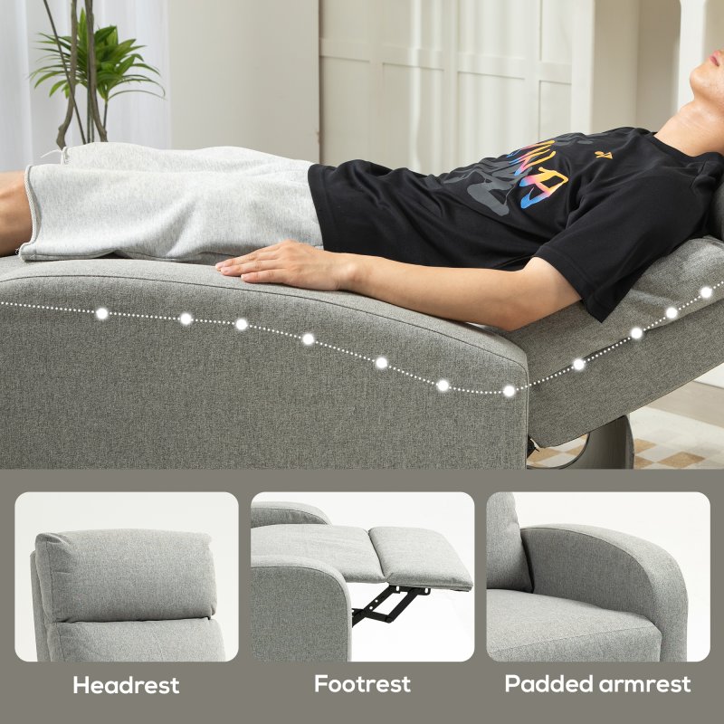 HOMCOM Push Back Recliner Armchair, Linen Fabric Reclining Chair with Adjustable Leg Rest, Single Padded Seat Sofa Lounge for Living Room, Bedroom, Light Grey