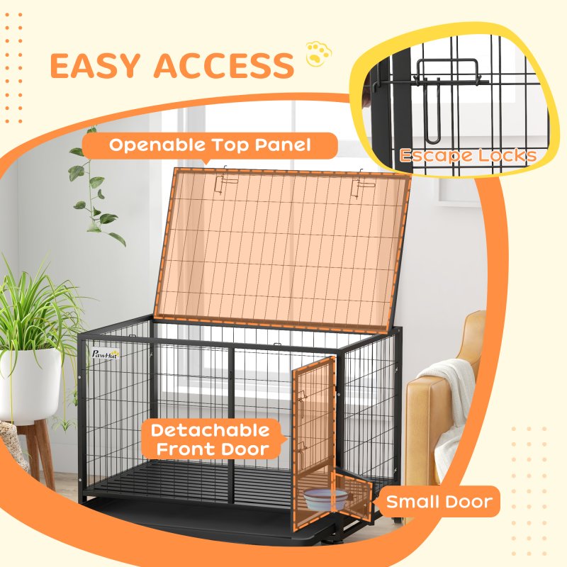 PawHut 43" Heavy Duty Dog Crate with Bowl Holder, Dog Cage on Wheels with Removable Tray, Openable Top, Detachable Door, Indoor Outdoor Use, for Large and Extra Large Dogs - Black