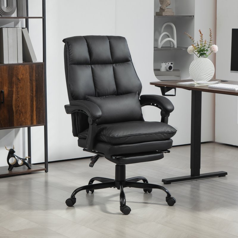 HOMCOM Executive Office Chair with Footrest, PU Leather High Back Desk Chair with Lumbar Support, Swivel Computer Chair with Adjustable Height and Padding Armrests, Black