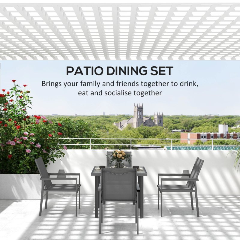 Outsunny 5 Pieces Garden Dining Set with Glass Top Dining Table, Outdoor Patio Table and 4 Armchairs with Texteline Fabric Seats and Backrest, Wood-plastic Composite Armrests Top, Grey