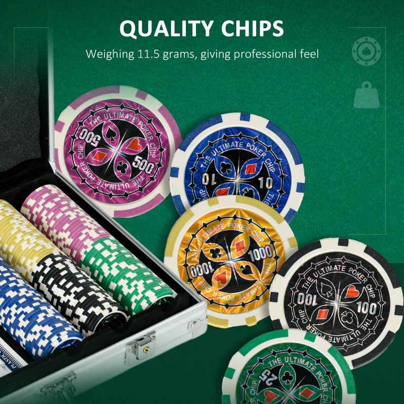 SPORTNOW 300-Piece Poker Chips Set with Aluminium Case, Holdem Poker Set with Mat, 11.5g Numbered Poker Chips, Two Decks of Cards, Dealer, Five Dices
