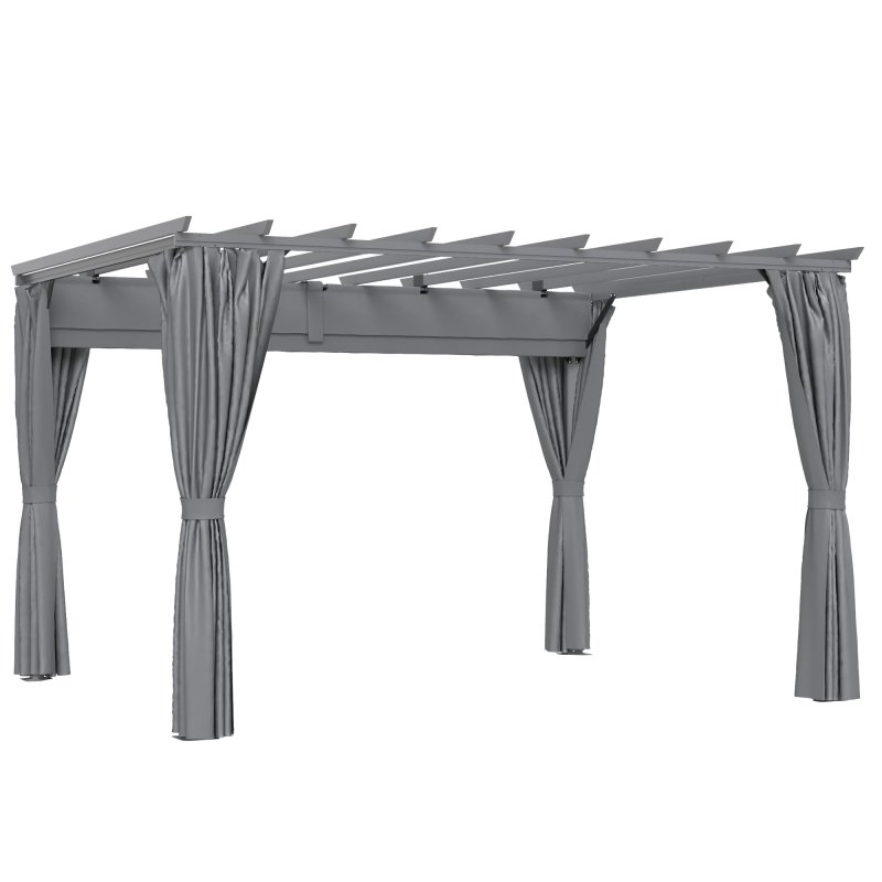 Outsunny 3.6 x 3(m) Outdoor Pergola with Retractable Roof and Curtains, Garden Gazebo Canopy Sun Shade Shelter with Aluminum Frame, Dark Grey