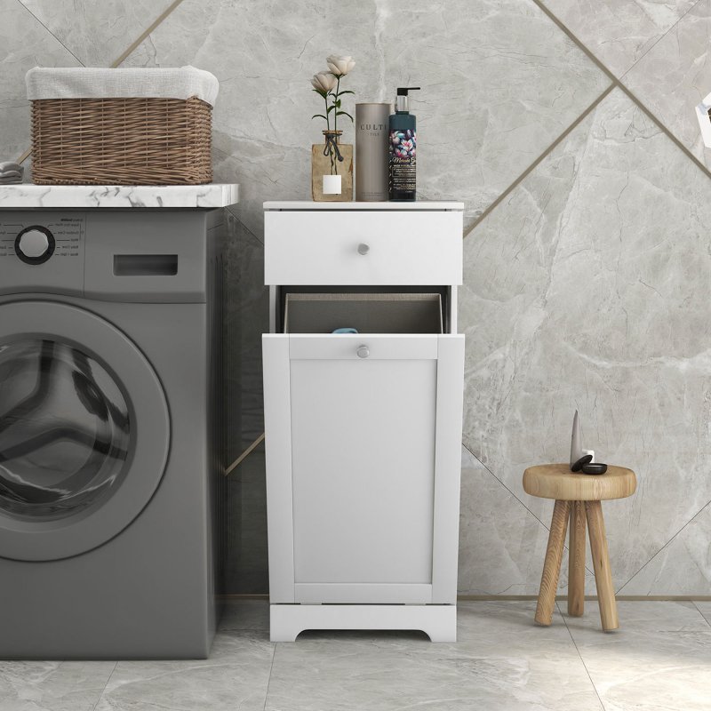 HOMCOM Laundry Cabinet, Bathroom Cabinet with Laundry Basket, Bathroom Storage Unit with Foldable Laundry Hamper and Drawer for Washroom, White