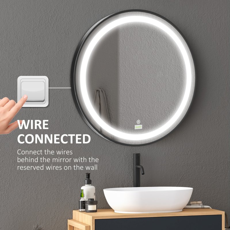 kleankin Round LED Bathroom Mirror, Dimmable Lighted Wall-Mounted Mirror with 3 Temperature Colours, Memory Function, Hardwired, Black