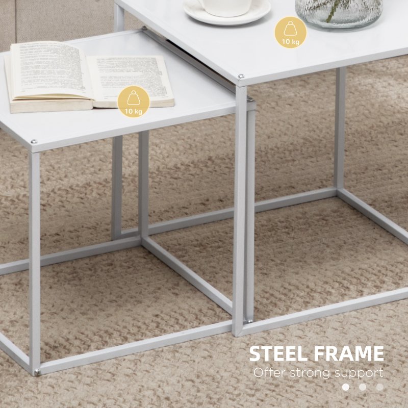 HOMCOM Square Nesting Coffee Table Set of 2, Modern Nest of Tables, Sofa Side Tables with Steel Frame for Living Room, Bedroom, Small Space, White