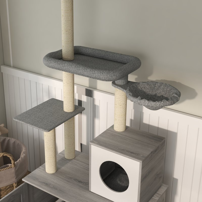 PawHut Cat Tree with Hidden Litter Box, 2-in-1 Floor-to-Ceiling Cat Litter Box Furniture with Cat House, Bed, Hammock, Scratching Posts and Platforms for Indoor Use - Grey