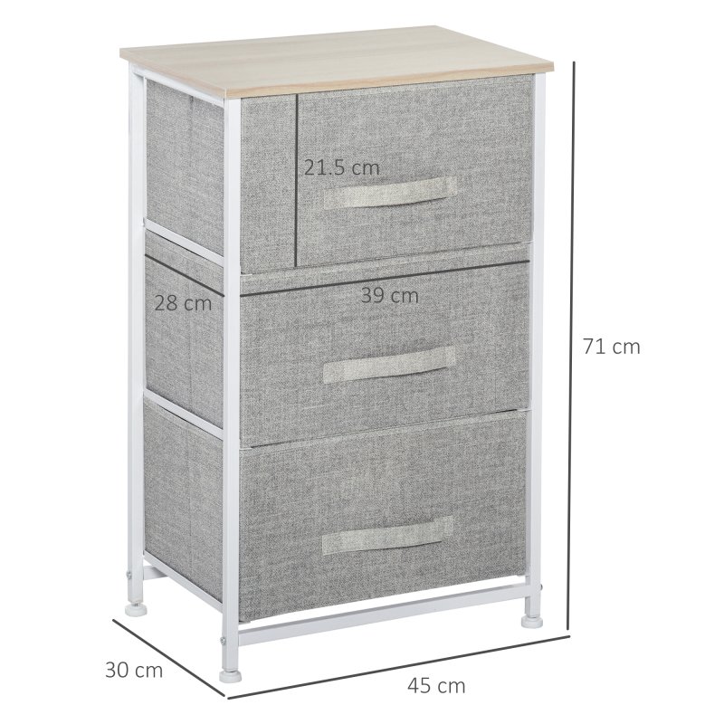 HOMCOM Vertical 3-Tier Linen Drawer Cabinet Organizer Storage Dresser Tower with Metal Frame Adjustable Feet for Living Room, Bathroom, Kitchen, White, Oak and Light Grey