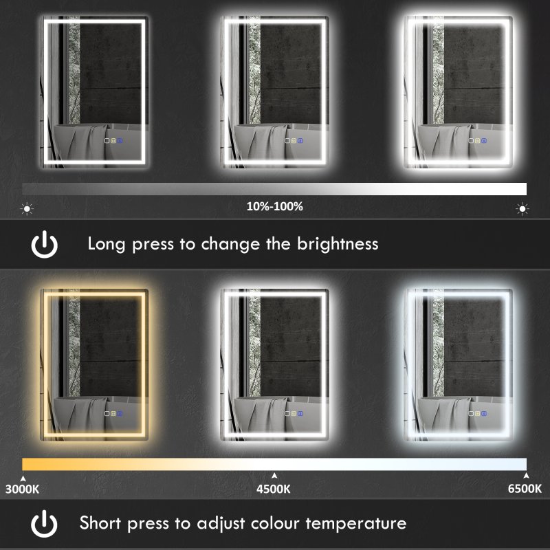 HOMCOM Bluetooth Bathroom Mirror with LED Lights, Illuminated Backlit Wall Mounted Vanity Mirror with 3 Colours Dimmable, Demister Pad, Memory Function, Touch Sensor, IP44