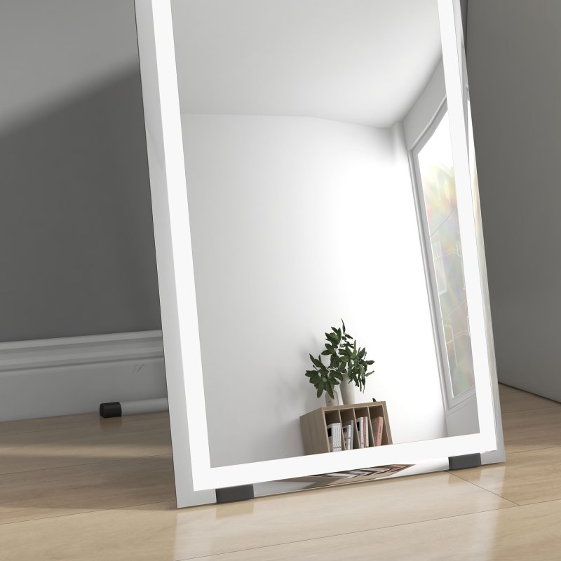 HOMCOM Full Length Mirror with LED Lights, 150x40cm Floor Mirror, Free Standing, Wall Mounted or Leaning, Full Size Body Mirror with Dimmable and 3 Colour Lighting for Bedroom, 32W, White