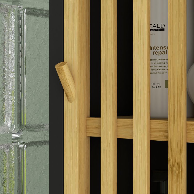 HOMCOM Tall Bathroom Storage Cabinet, Slim Bamboo Bathroom Cabinet with 2 Open Compartments, 2 Slatted Doors and Adjustable Shelves