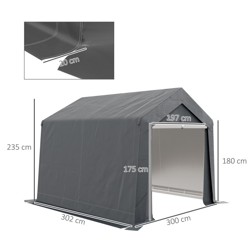 Outsunny 3 x 3(m) Garden Storage Tent, Portable Shed with Heavy Duty Galvanised Steel Frame, Ventilation Window, Roll-up Zipper Door, for Bike, Motorbike, Garden Tools, Dark Grey