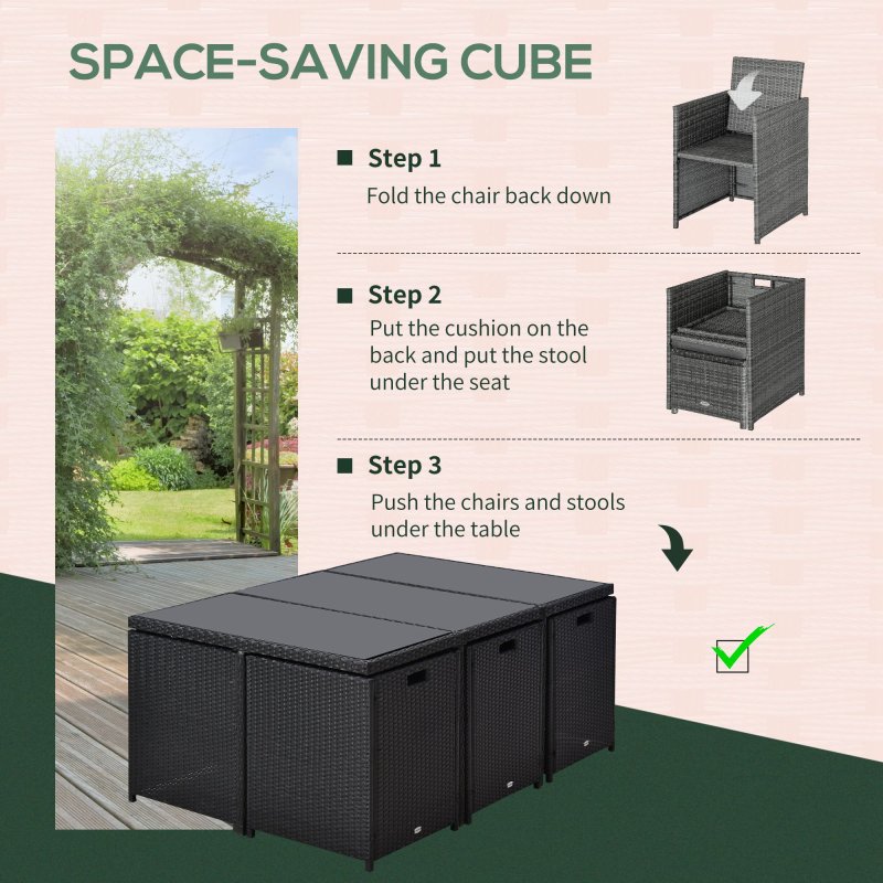 Outsunny 10 Seater Rattan Cube Garden Furniture Set with Cushions, Rattan Dining Set, Outdoor Dining Table and Chairs with 6 Armchairs, 4 Stools, Rectangular Glass Top Table, Black