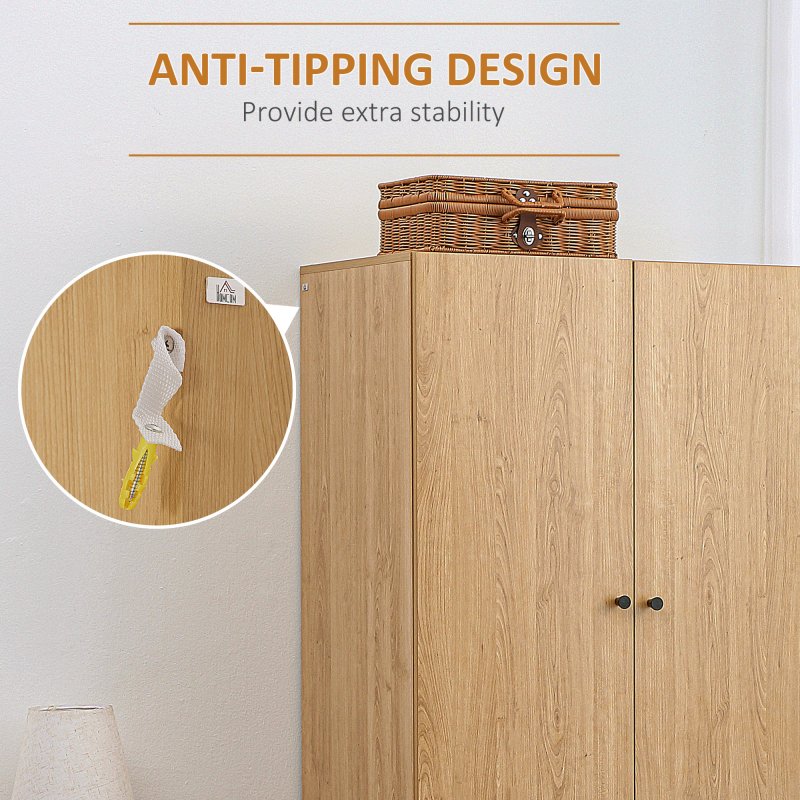 HOMCOM 2 Door Wardrobe with 2 Drawers, Hanging Rail, Anti-tipping Design for Bedroom Clothes Storage Organiser, Natural Wood Colour