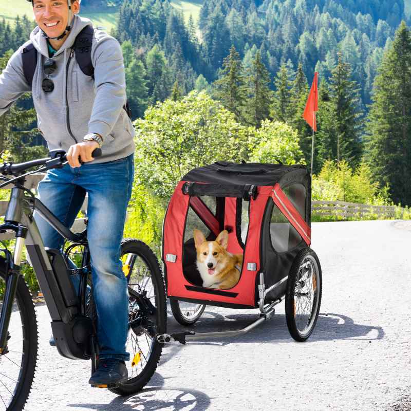 PawHut Folding Dog Bike Trailer Pet Cart Carrier for Bicycle Travel with Hitch Coupler in Steel Frame - Red & Black