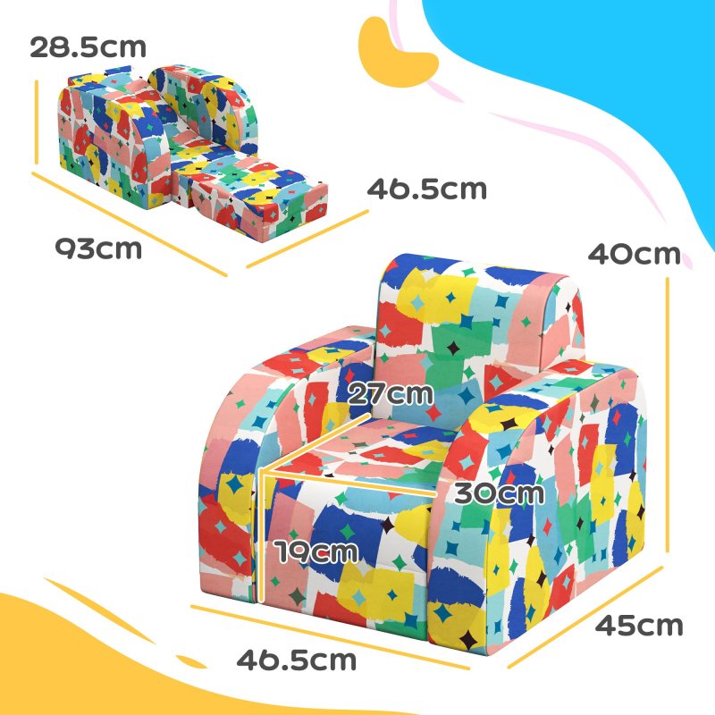 AIYAPLAY Kids Armchair, 2 in 1 Foldable Toddler Chair, Soft Snuggle Sponge Filled Recliner, for Bedroom Playroom Living Room, for Boys & Girls 18 Months to 3 Years - Multicoloured