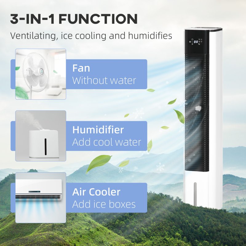 HOMCOM Portable Air Cooler, 6L Tank with 3 Ice Packs, Oscillating Evaporative Air Cooler Fan with 3 Modes & Speed, 10H Timer, Detachable & Washable Filter, LED Display & Remote Control for Home, White