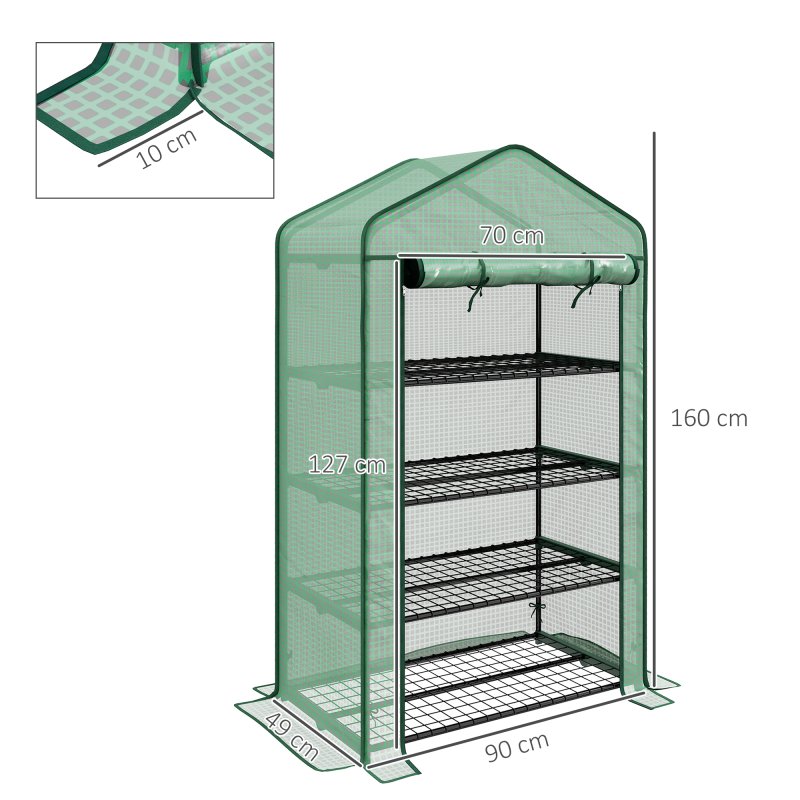 Outsunny 4 Tier Widened Mini Greenhouse with Reinforced PE Cover, Portable Indoor Outdoor Green House with Roll-up Door and Wire Shelves, 90 x 49 x 160cm, Green