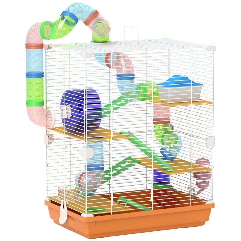 Pawhut 5 Tier Hamster Cage, Gerbil Cage with Tube Exercise Wheels, Tunnel, Water Bottle, Dishes, 58H x 46L x 30Wcm, Orange