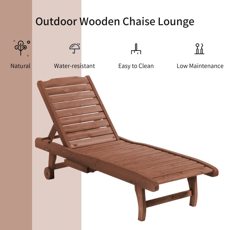 Outsunny Garden Patio Sun Lounger, Outdoor Wooden Sun Bed with Built-In Table, Reclining Backrest and Rolling Wheels for Sunbathing, Red Brown
