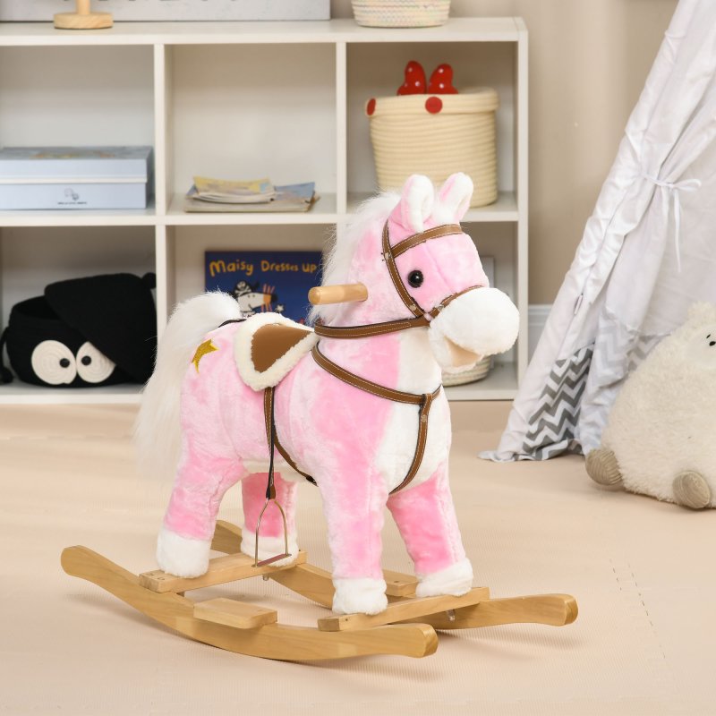 HOMCOM Kids Rocking Horse, Plush Ride On Horse with Music, Sound, Saddle, Wooden Base, Ride On Toy for Ages 3-6 Years - Pink
