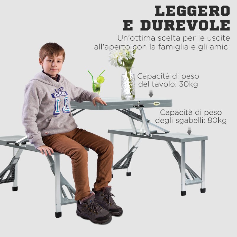 Outsunny Portable Foldable Camping Picnic Table with Seats Chairs and Umbrella Hole, 4-Seat Fold Up Travel Picnic Table, Grey