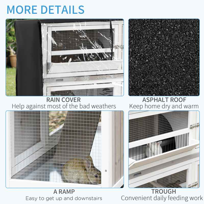 PawHut 4 FT Rabbit Hutch 2-Tier Wooden Bunny Cages Guinea Pig Hide House with Tray, Ramp and Wheel, Cover - Grey