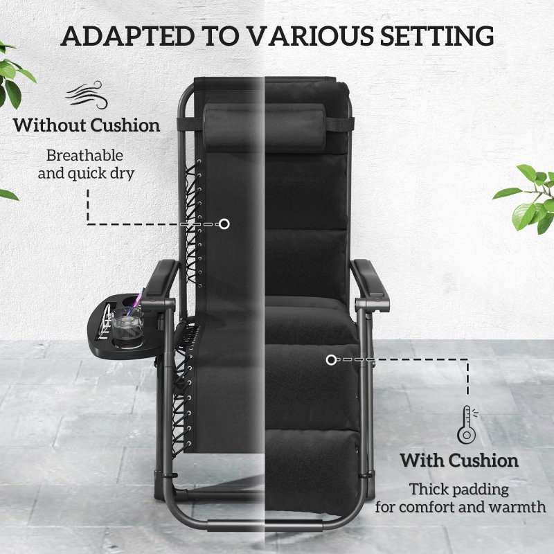 Outsunny Zero Gravity Chairs Set of 2, Folding Reclining Garden Chair, Outdoor Sun Lounger with Cushion, Garden Recliner Chairs with Headrest and Cup Phone Holder Tray for Beach, Black