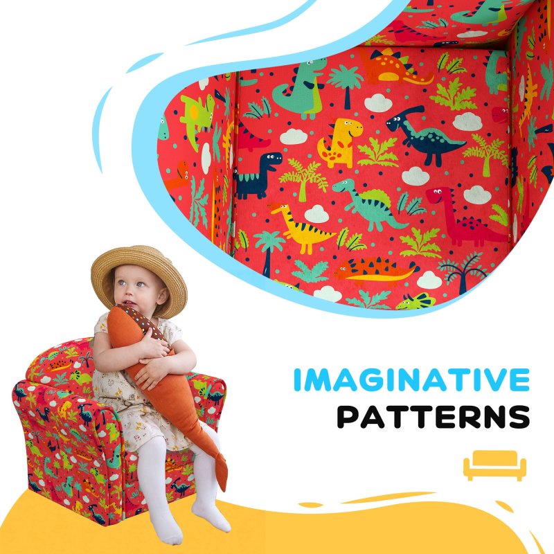 AIYAPLAY Kids Sofa Chair, Toddler Armchair with Dinosaur Design, Wooden Frame, Upholstered Toddler Chair for Bedroom, Playroom, Kids Room - Red