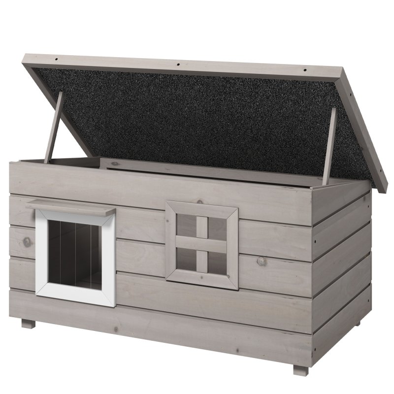 PawHut Outdoor Wooden Cat House, Elevated Cat Shelter Kennel, Pet Play House with Openable Top, Asphalt Roof, Window, 87 x 52 x 44 cm, Grey
