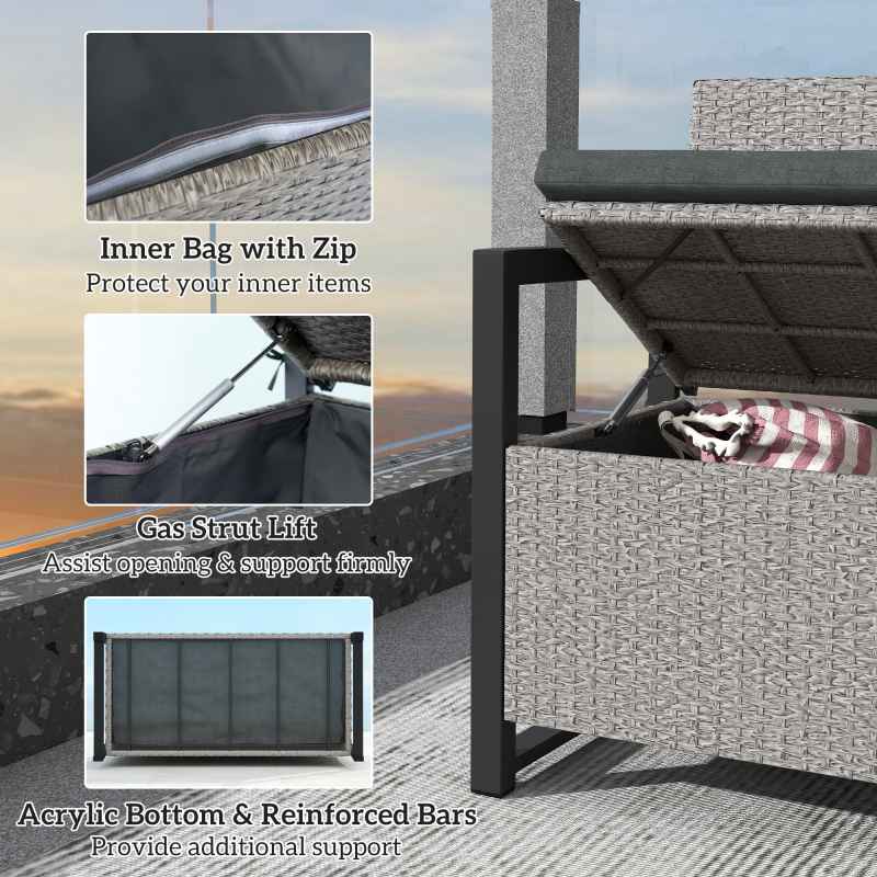 Outsunny Garden Storage Bench with 151.5L Capacity, Inner Bag, 2 Seater PE Rattan Outdoor Garden Bench with Storage, Cushion, Wicker Outdoor Bench Loveseat for Patio, Grey