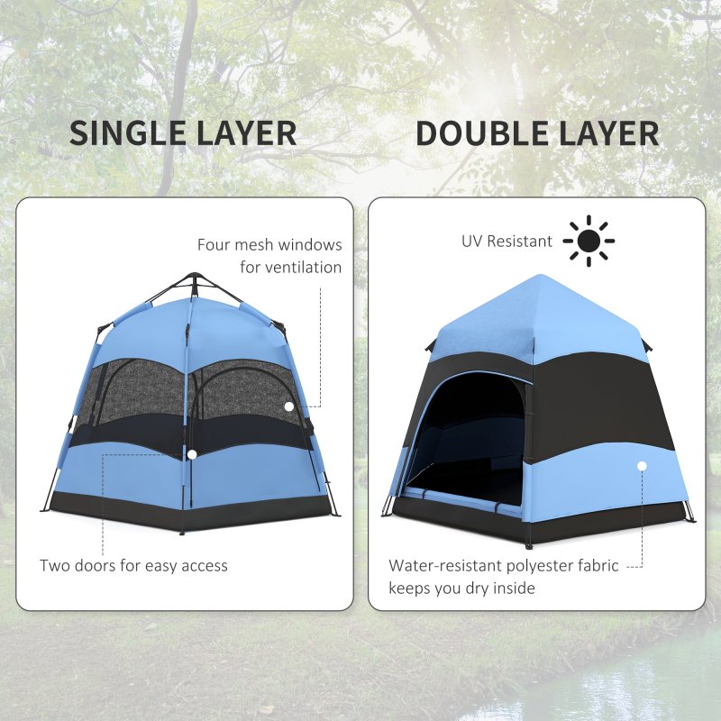 Outsunny Double Layer Pop Up Tent with Rainfly, Hexagon 4 Man Dome Tent, Portable Camping Shelter with Sewn-in Groundsheet and Carry Bag, for Festival Backpacking Road Trips, Blue